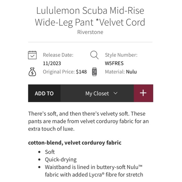 NWT Lululemon Scuba Midrise Wide-Leg Pant Velvet Cord size 4 - Picture 7 of 7
